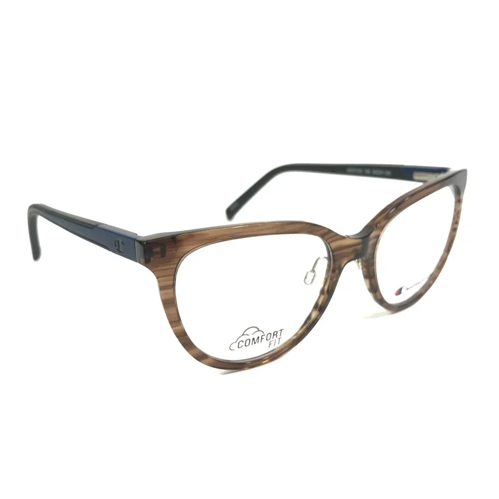 Champion Eyeglasses Frames WCFIT 201 C01 Brown Striped Blue Cat Eye 52-17-135